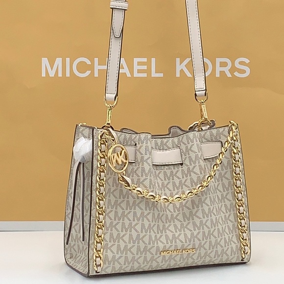 MICHAEL KORS Mina Small Belted Signature Logo Chain Crossbody LIGHT CREAM MULTI